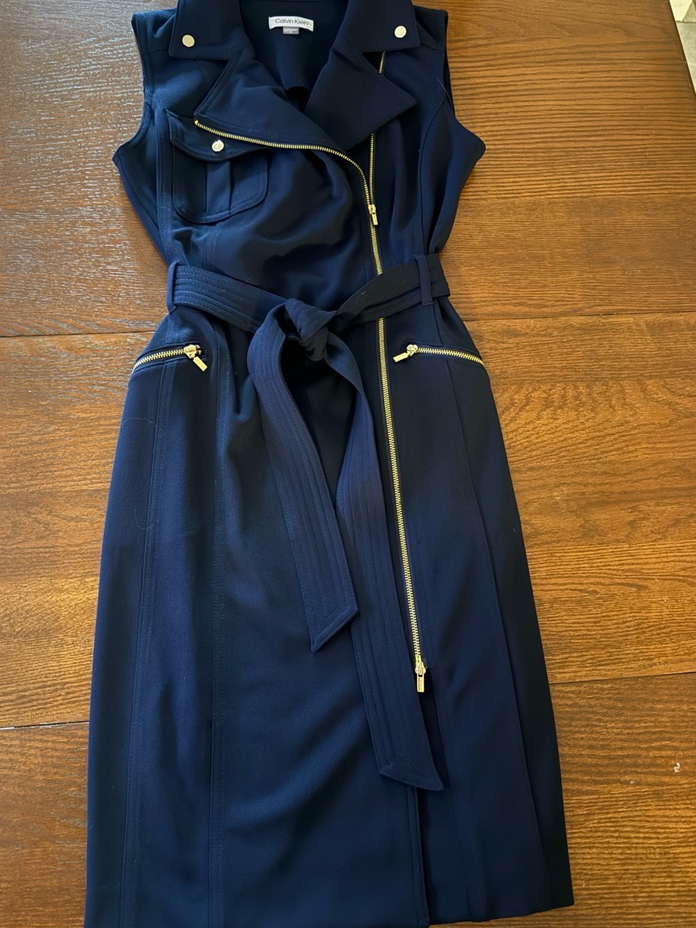 Calvin Klein Navy Sleeveless Belted Zip-Front Midi Dress with Gold Hardware